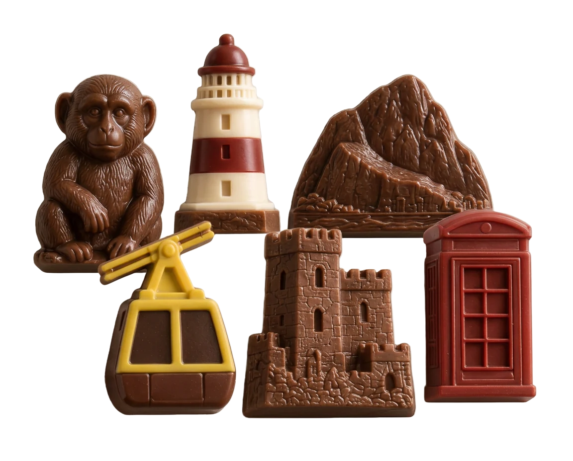 Concept chocolates shaped like Gibraltar icons including a macaque, lighthouse, the Rock, castle, cable car and telephone box