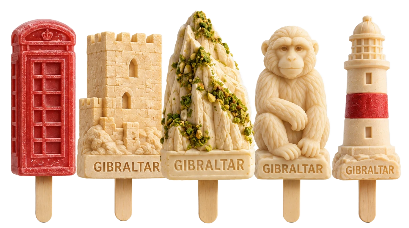 The full Gibraltar ice pop lineup: red telephone box, Moorish Castle, the Rock of Gibraltar with pistachio crumble, Barbary macaque and Europa Point lighthouse