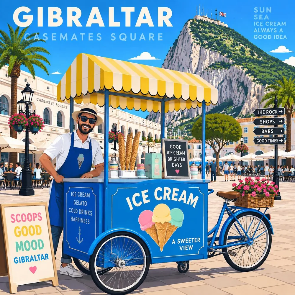 Illustration of the Taste Gibraltar ice cream bike parked in Casemates Square