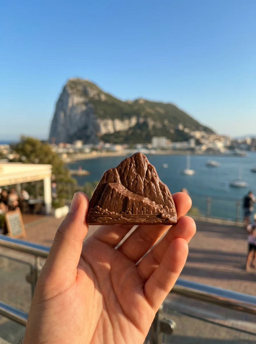 Illustrative concept photo of a Rock-shaped chocolate at a Gibraltar viewpoint
