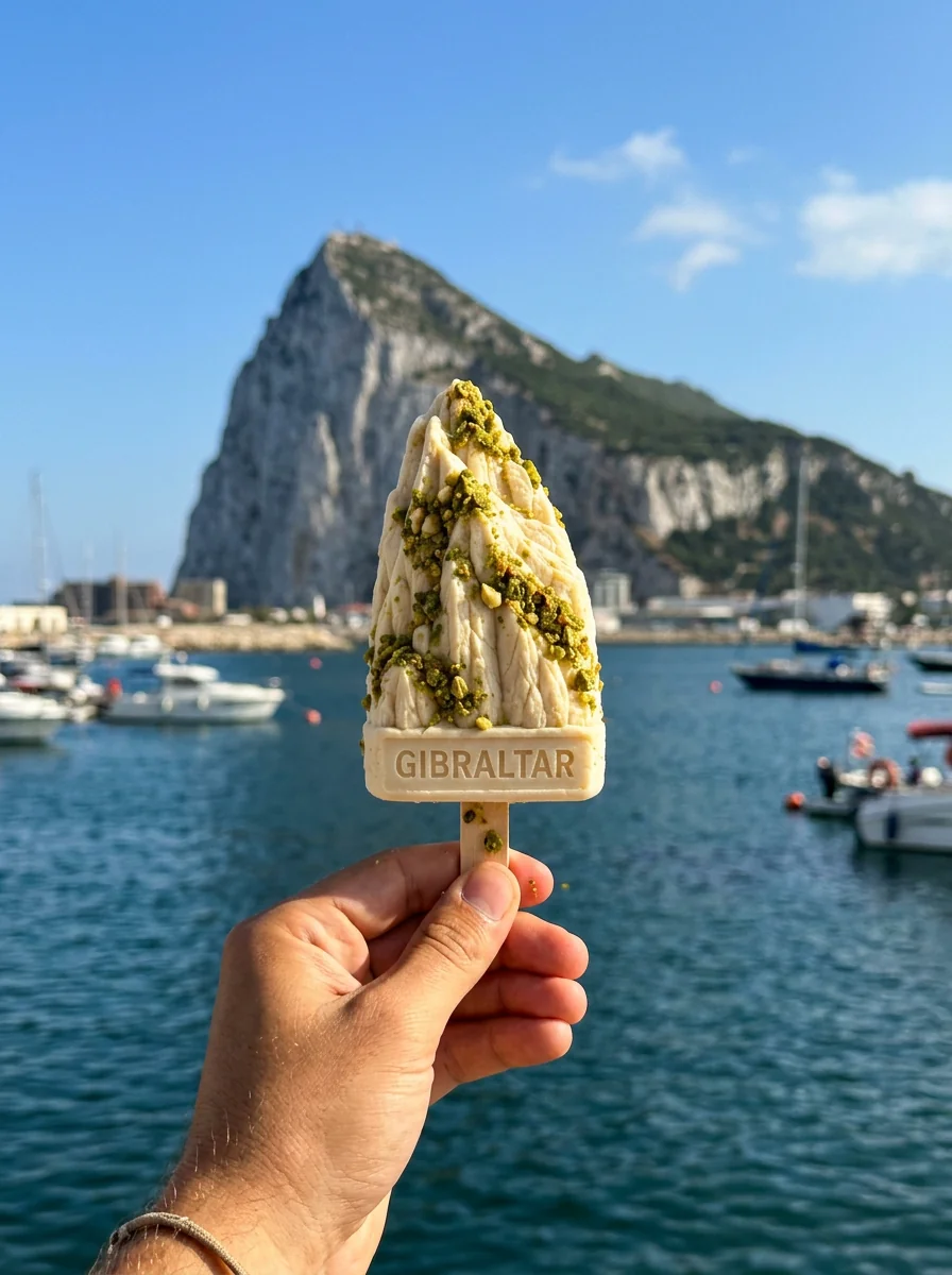 Illustrative concept photo of a Rock-shaped ice pop held in front of the Rock of Gibraltar